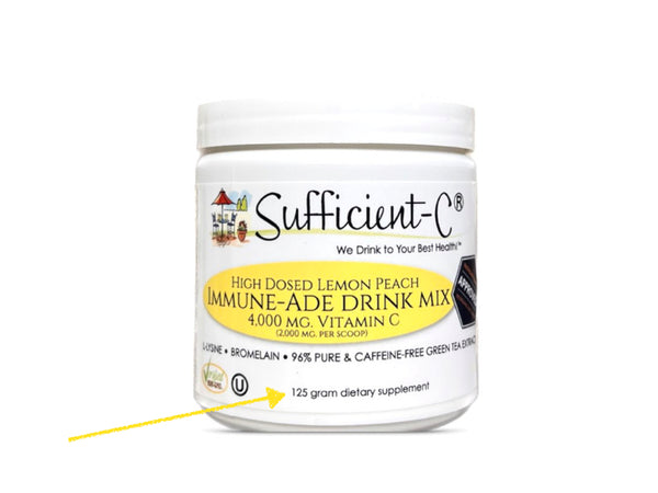 Sufficient-C® 125 gram High Dose Vitamin C Lemon Peach Immune-Ade drink mix - convenience size